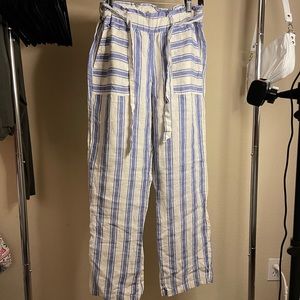 White and blue striped linen pants